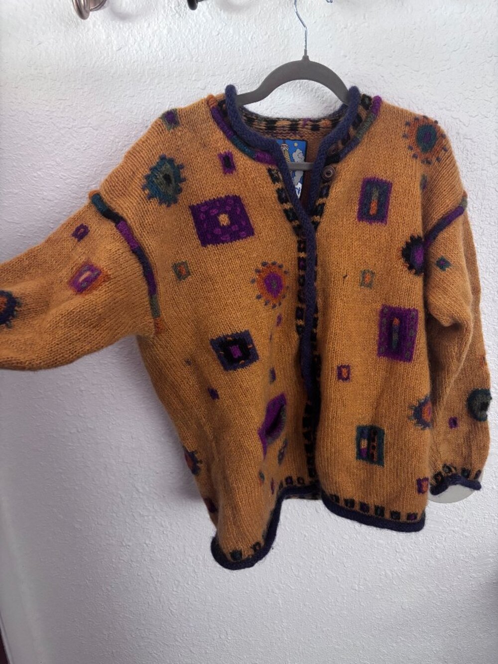 Vintage Yellow Wool Knit Cardigan M Geometric Artsy Boho Warm Made in Nepal